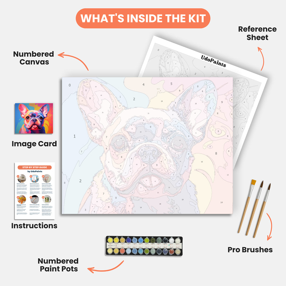 Colorful Frenchie Paint by Numbers Kit – includes numbered canvas, paint pots, brushes, and instructions