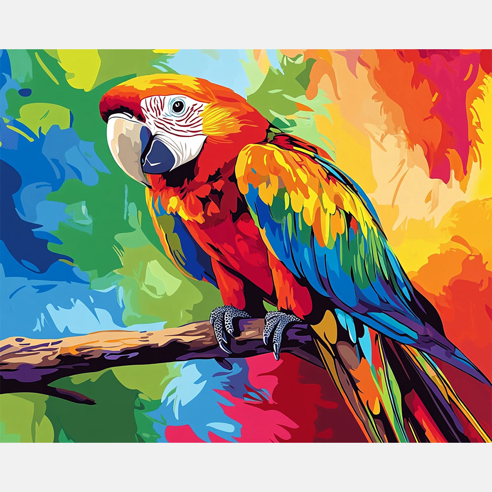 Colorful Macaw Paint by Numbers Kit design preview showing the full artwork layout before painting