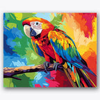 Paint by numbers design of macaw, branch, vivid feather patterns, colorful abstract background