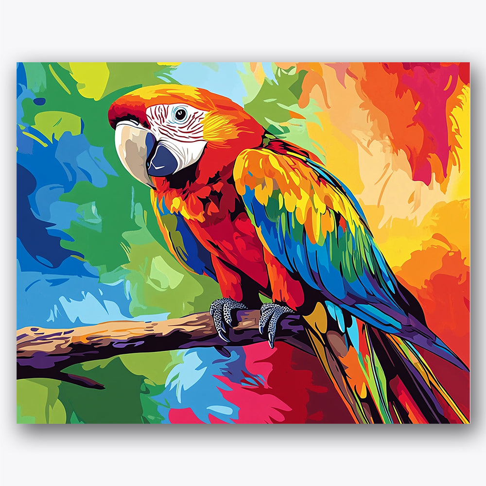 Paint by numbers design of macaw, branch, vivid feather patterns, colorful abstract background