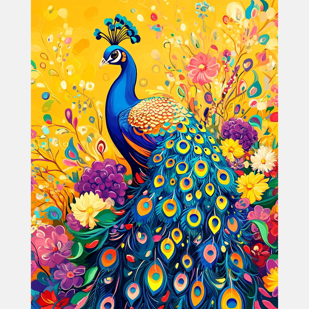 Colorful Peacock Garden Paint by Numbers Kit design preview showing the full artwork layout before painting