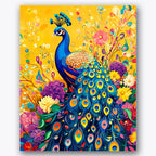 Paint by numbers design of peacock, flowers, colorful feathers, vibrant flower bouquet