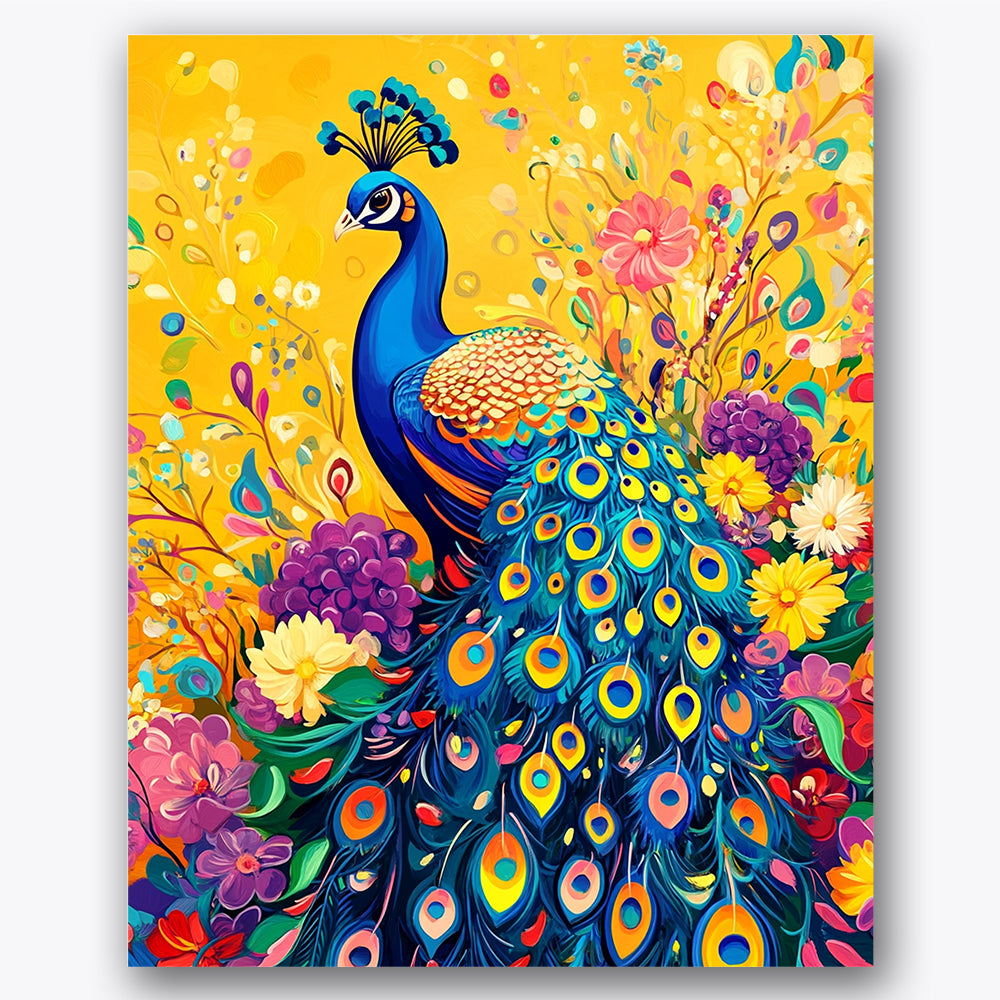 Paint by numbers design of peacock, flowers, colorful feathers, vibrant flower bouquet