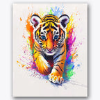 Paint by numbers design of tiger cub, color splashes, vibrant color splashes, intense blue eyes