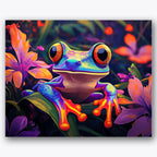 Paint by numbers design of treefrog, vibrant flowers, large vivid eyes, vibrant floral background