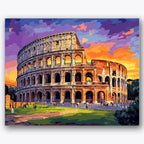 Paint by numbers design of Colosseum, sunset sky, vibrant sunset sky, ancient stone arches