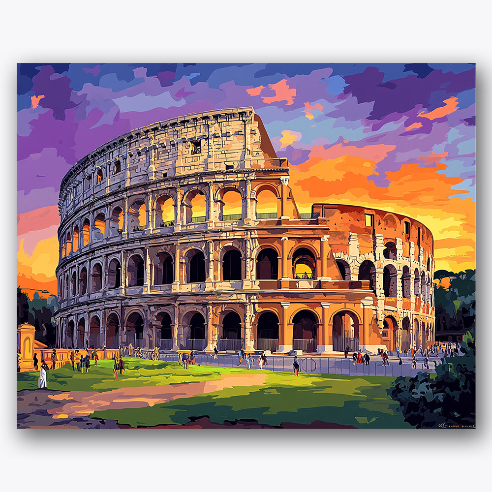 Paint by numbers design of Colosseum, sunset sky, vibrant sunset sky, ancient stone arches
