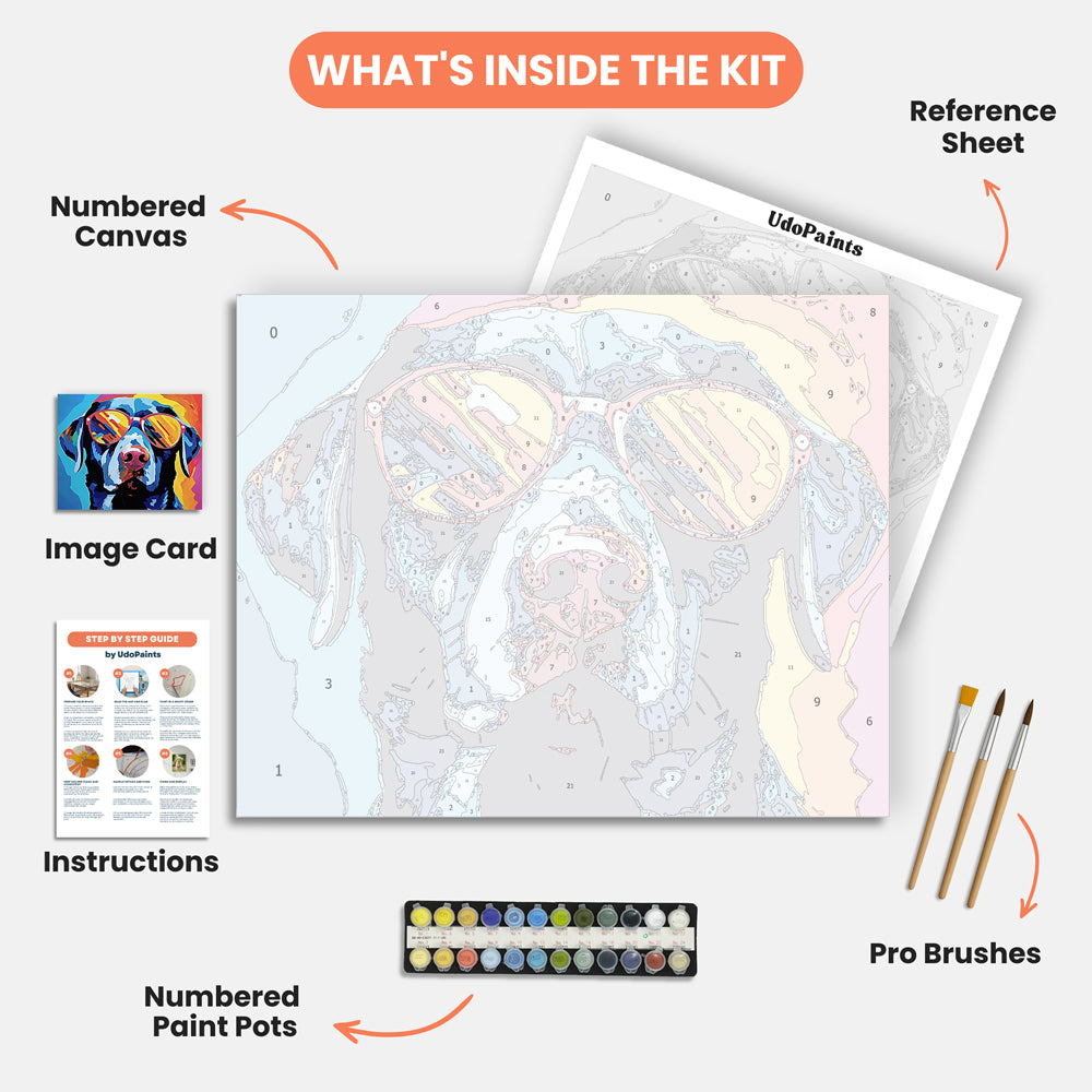 Cool Canine Vision Paint by Numbers Kit – includes numbered canvas, paint pots, brushes, and instructions
