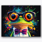 Paint by numbers design of frog, oversized glasses, oversized glasses, colorful splash background