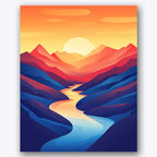 Paint by numbers design of mountains, river, bright sun setting, winding blue river