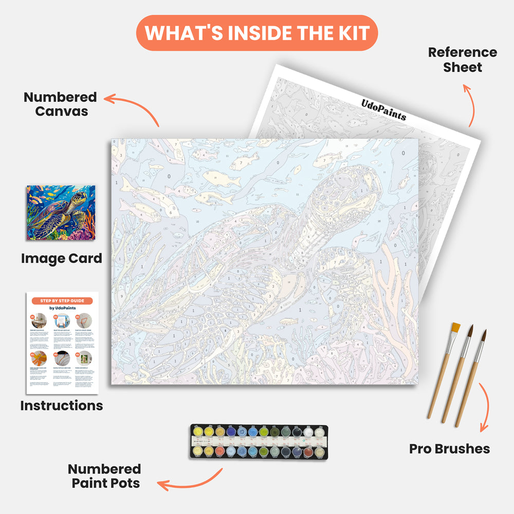 Coral Reef Turtle Paint by Numbers Kit – includes numbered canvas, paint pots, brushes, and instructions