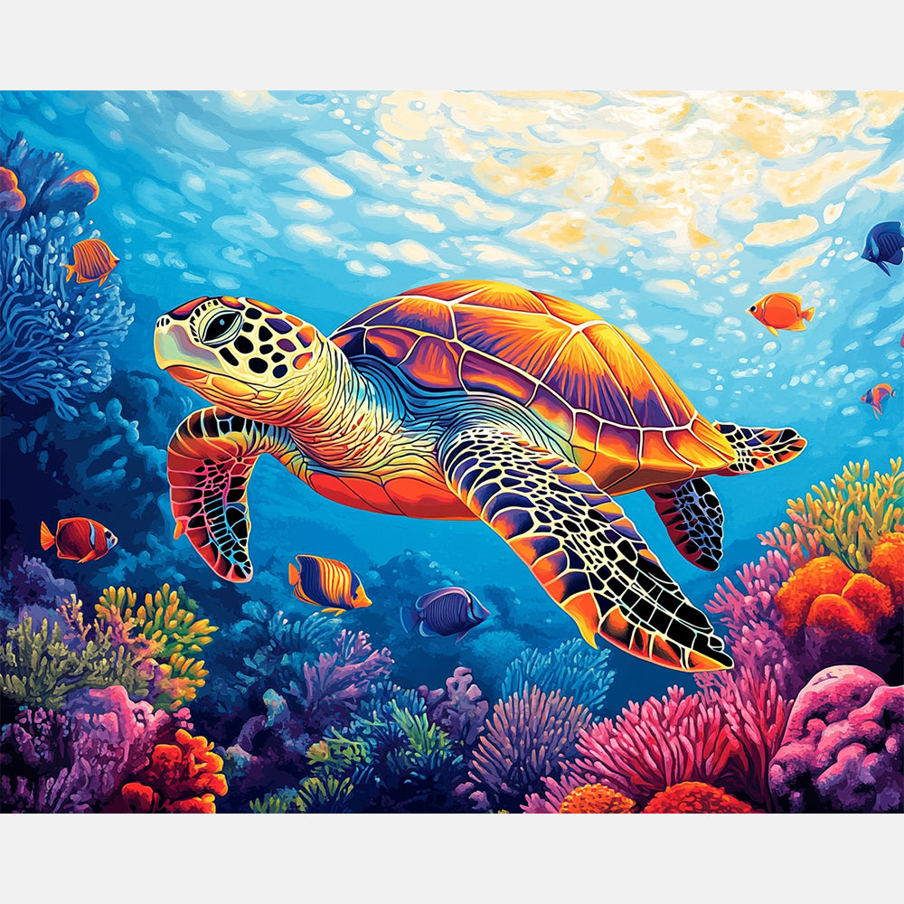 Coral Reef Turtle Paint by Numbers Kit design preview showing the full artwork layout before painting