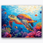 Paint by numbers design of sea turtle, colorful fish, vivid coral reefs, intricate turtle shell