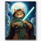 Paint by numbers design of cat, glowing saber, orange tabby cat, green cloak