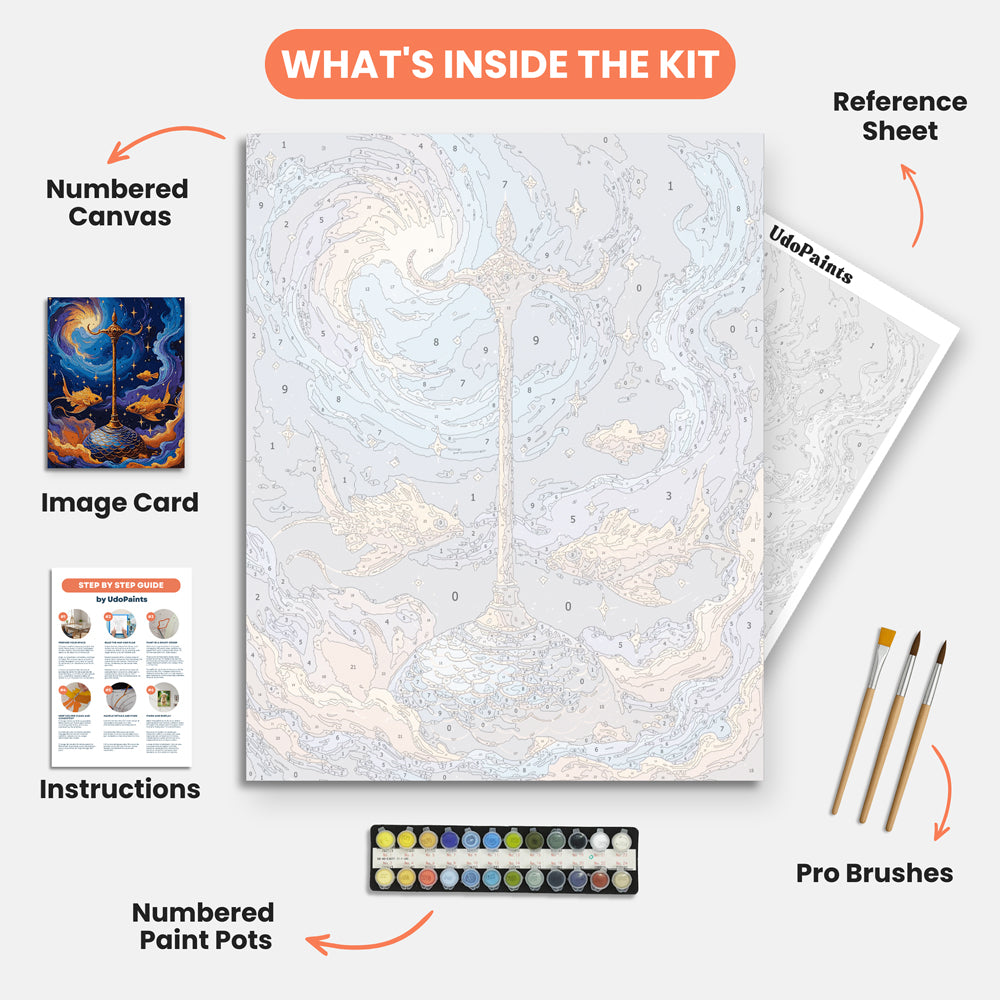 Cosmic Scales Paint by Numbers Kit – includes numbered canvas, paint pots, brushes, and instructions