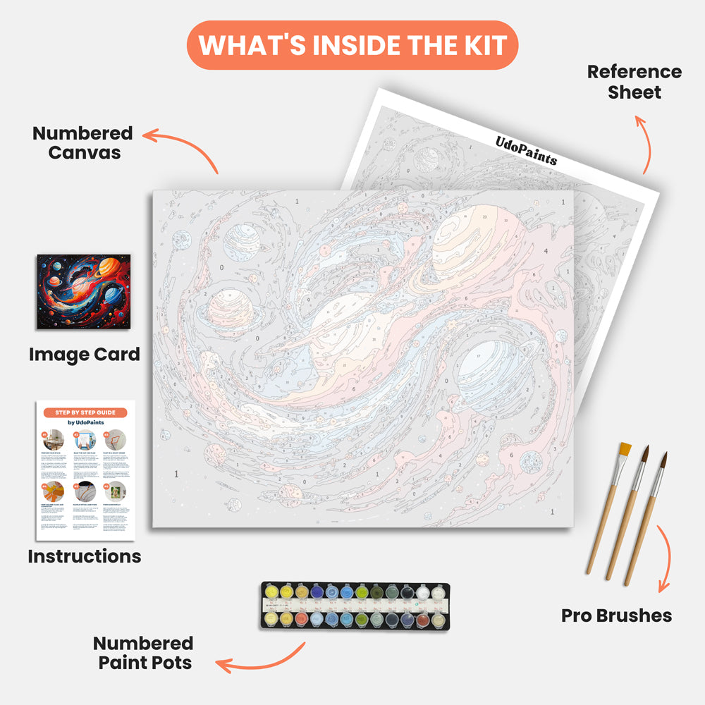Cosmic Swirl Paint by Numbers Kit – includes numbered canvas, paint pots, brushes, and instructions