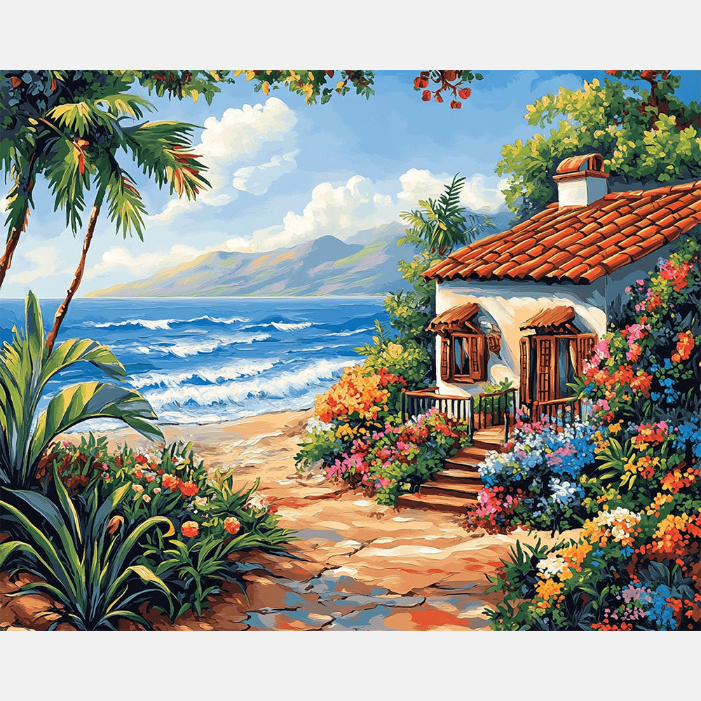Cottage Ocean Breeze Paint by Numbers Kit design preview showing the full artwork layout before painting