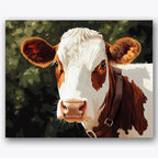 Paint by numbers design of cow, countryside, detailed cow face, large expressive ears