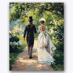 Paint by numbers design of couple, garden, vintage clothing, green leafy canopy