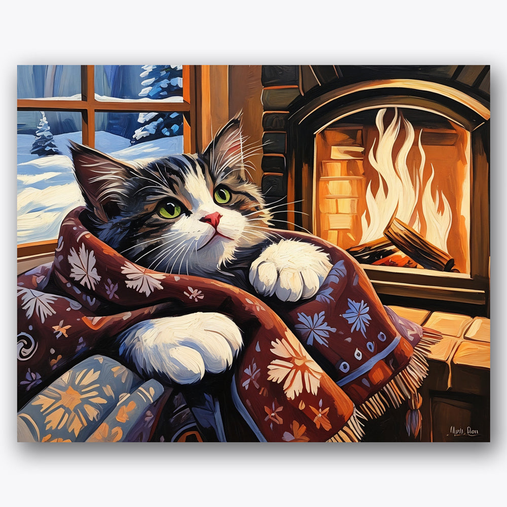 Cozy Fireplace Cat Paint by Numbers Kit UdoPaints