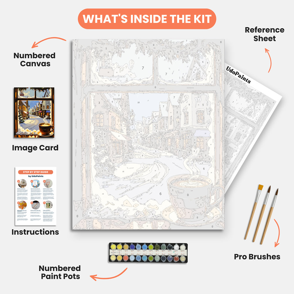 Cozy Window View Paint by Numbers Kit – includes numbered canvas, paint pots, brushes, and instructions