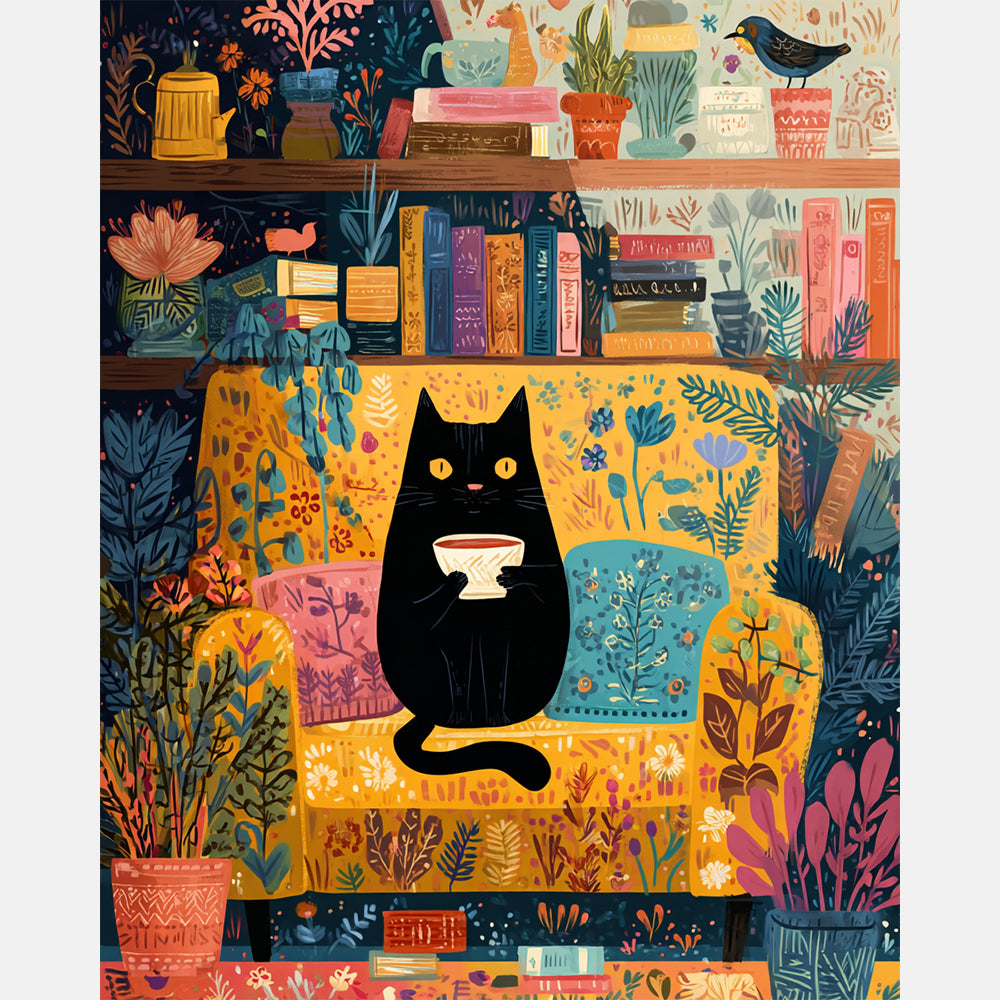 Cozy Cat Paint by Numbers Kit design preview showing the full artwork layout before painting