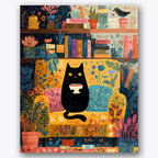 Paint by numbers design of black cat, floral armchair, black cat with bowl, colorful floral patterns