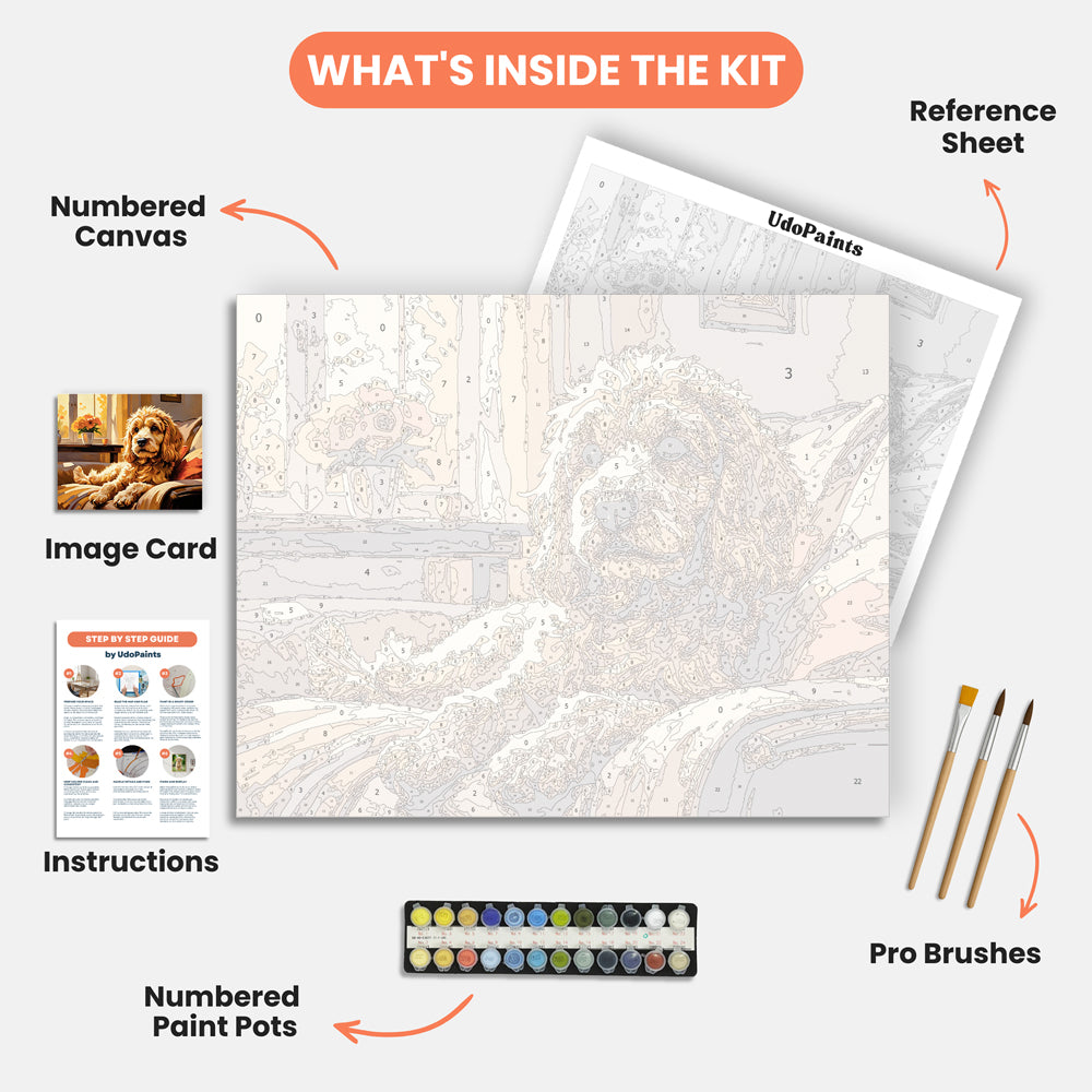 Cozy Cockapoo Paint by Numbers Kit – includes numbered canvas, paint pots, brushes, and instructions