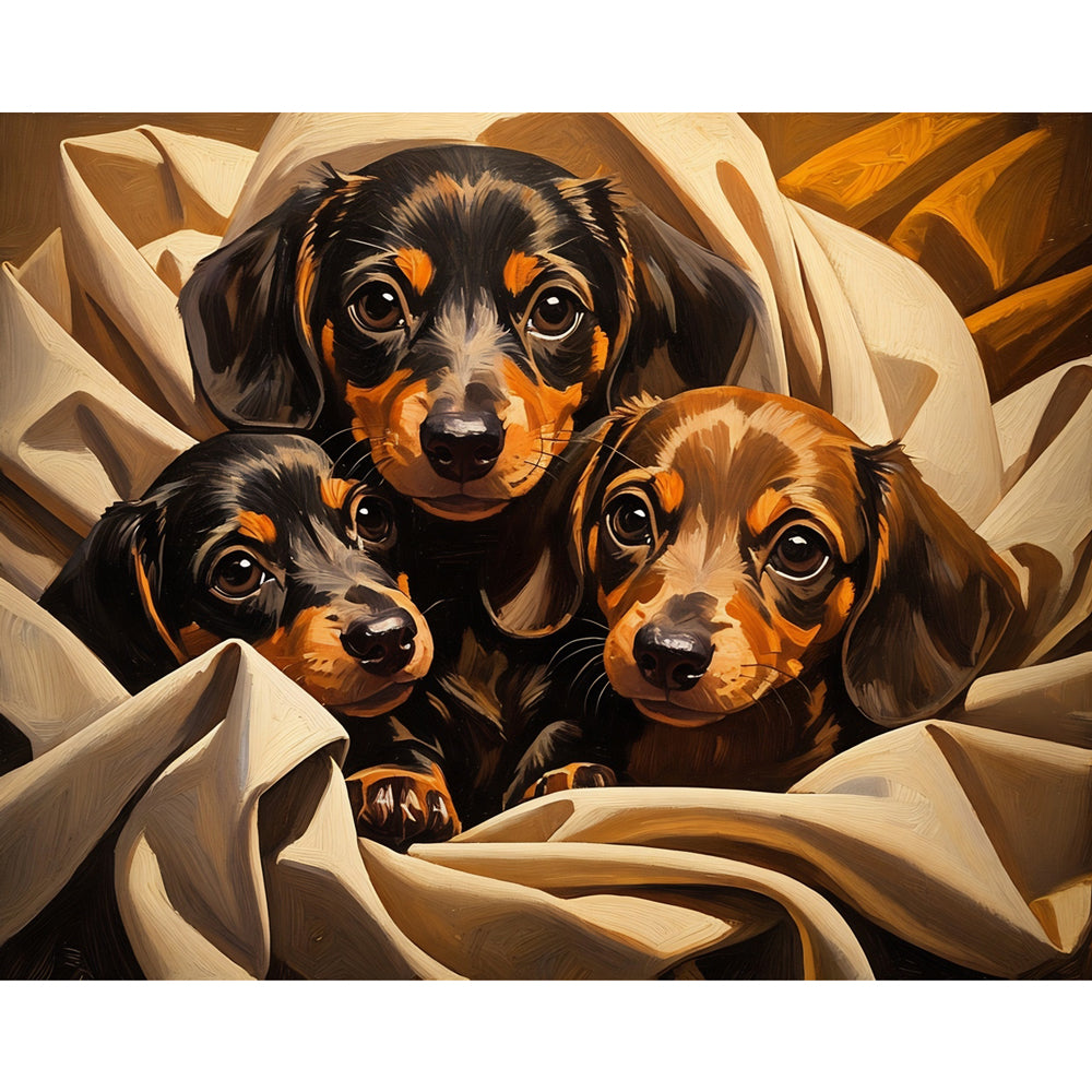 Cozy Dachshunds Paint by Numbers Kit design preview showing the full artwork layout before painting