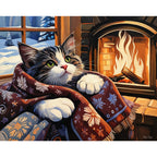 Cozy Fireplace Cat Paint by Numbers Kit design preview showing the full artwork layout before painting
