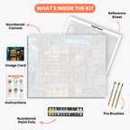 Cozy Rainy Library Paint by Numbers Kit – includes numbered canvas, paint pots, brushes, and instructions