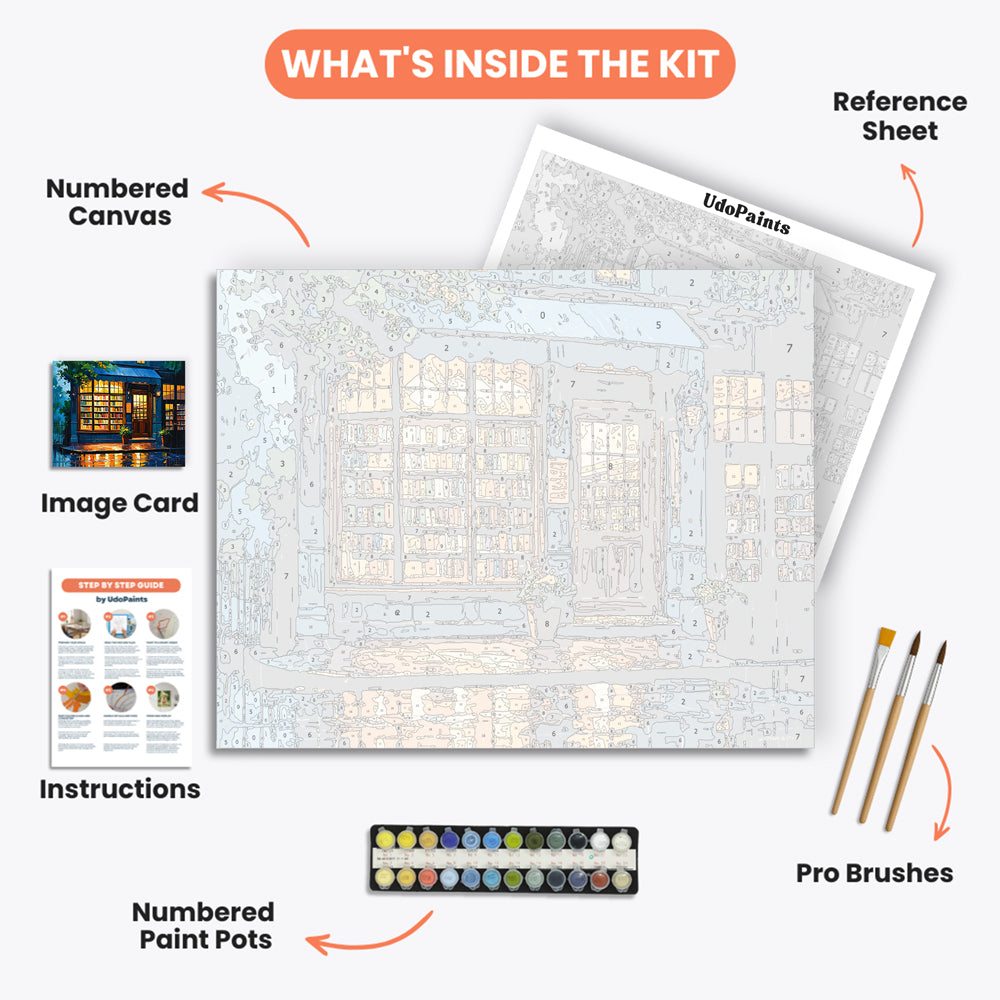Cozy Rainy Library Paint by Numbers Kit – includes numbered canvas, paint pots, brushes, and instructions