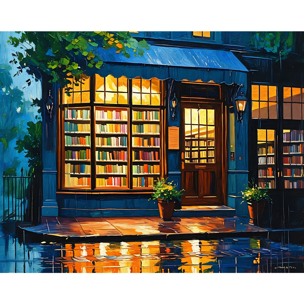 Cozy Rainy Library Paint by Numbers Kit design preview showing the full artwork layout before painting