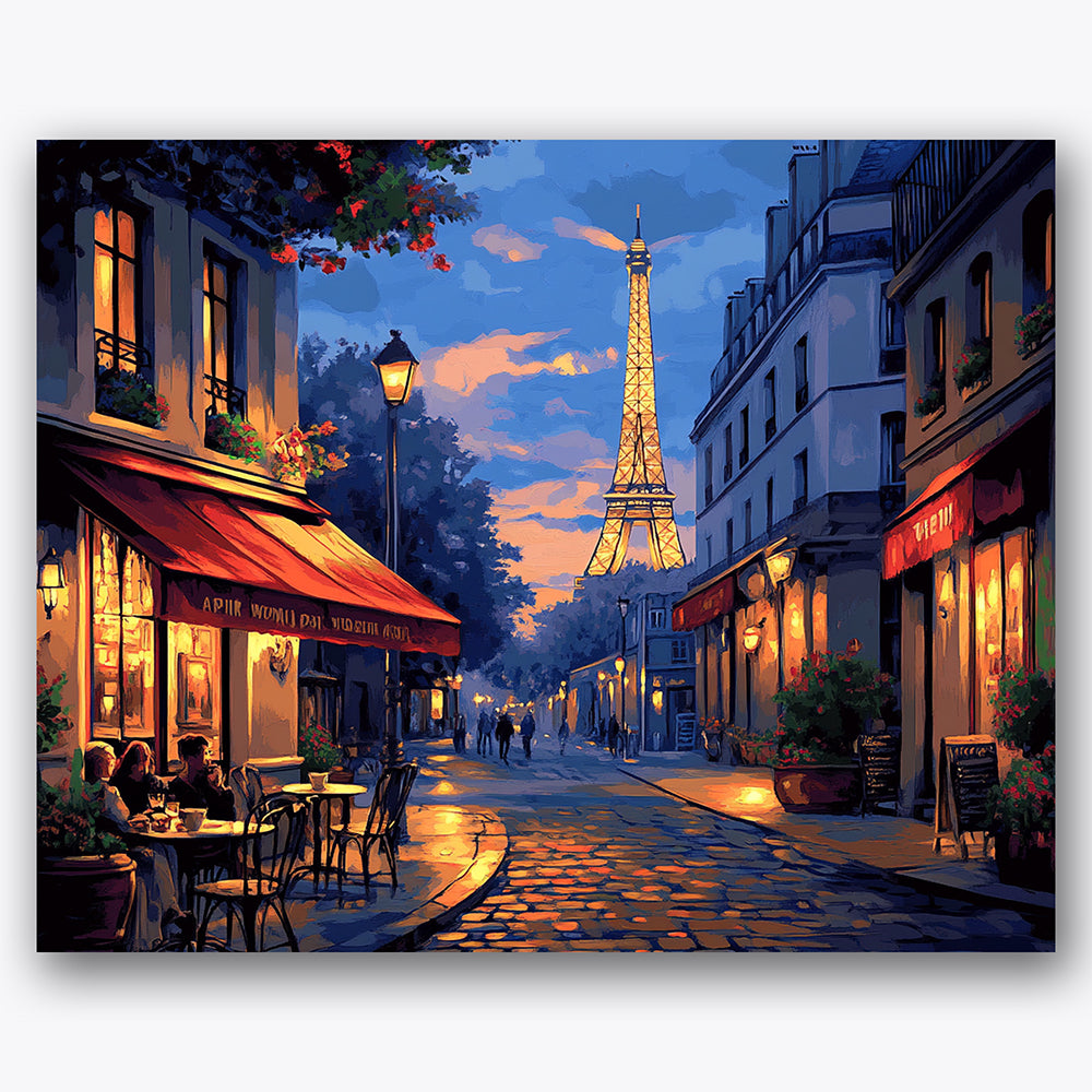 Paint by numbers design of Eiffel Tower, Paris street, glowing street lamps, Eiffel Tower silhouette