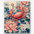Paint by numbers design of crab, lotus flowers, vibrant red crab, swirling ocean waves