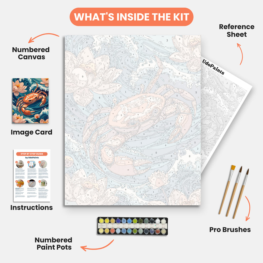 Crab on Waves Paint by Numbers Kit – includes numbered canvas, paint pots, brushes, and instructions