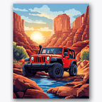 Paint by numbers design of red vehicle, canyon, red vehicle, glowing sunset