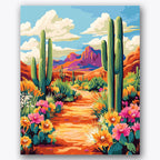Paint by numbers design of desert landscape, cacti and flowers, tall green cacti, bright pink flowers