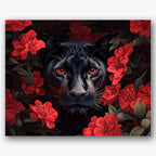 Paint by numbers design of panther, red flowers, black panther face, intense red eyes
