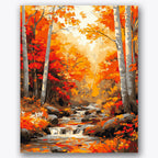 Paint by numbers design of forest stream, autumn trees, vibrant orange leaves, flowing water stream