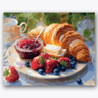 Paint by numbers design of croissant, berries, fresh strawberries, golden croissant