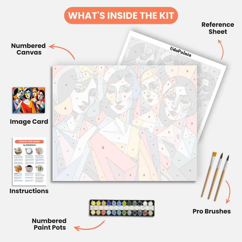 Cubist Portrait Paint by Numbers Kit – includes numbered canvas, paint pots, brushes, and instructions
