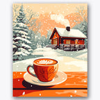 Paint by numbers design of coffee cup, winter cabin, steaming coffee cup, wooden table