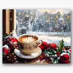 Paint by numbers design of coffee cup, winter scene, steaming coffee, snowy window view
