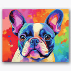 Paint by numbers design of French bulldog, colorful background, brightly colored dog face, wide expressive eyes