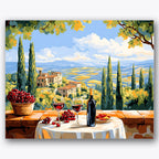 Paint by numbers design of vineyard, wine glasses, cypress trees in distance, sun-dappled terrace