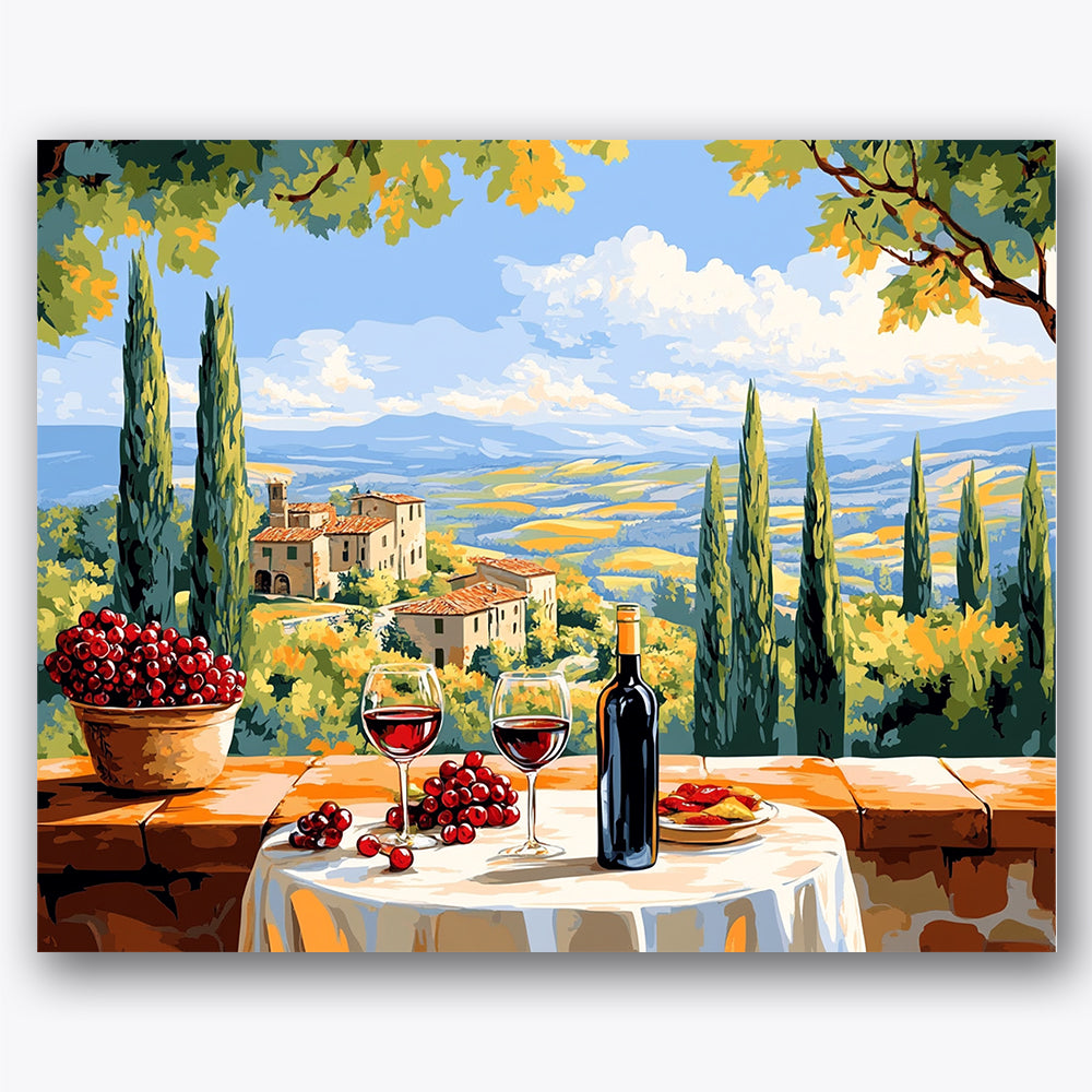 Paint by numbers design of vineyard, wine glasses, cypress trees in distance, sun-dappled terrace