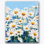Paint by numbers design of daisies, blue sky, white petals, golden yellow centers