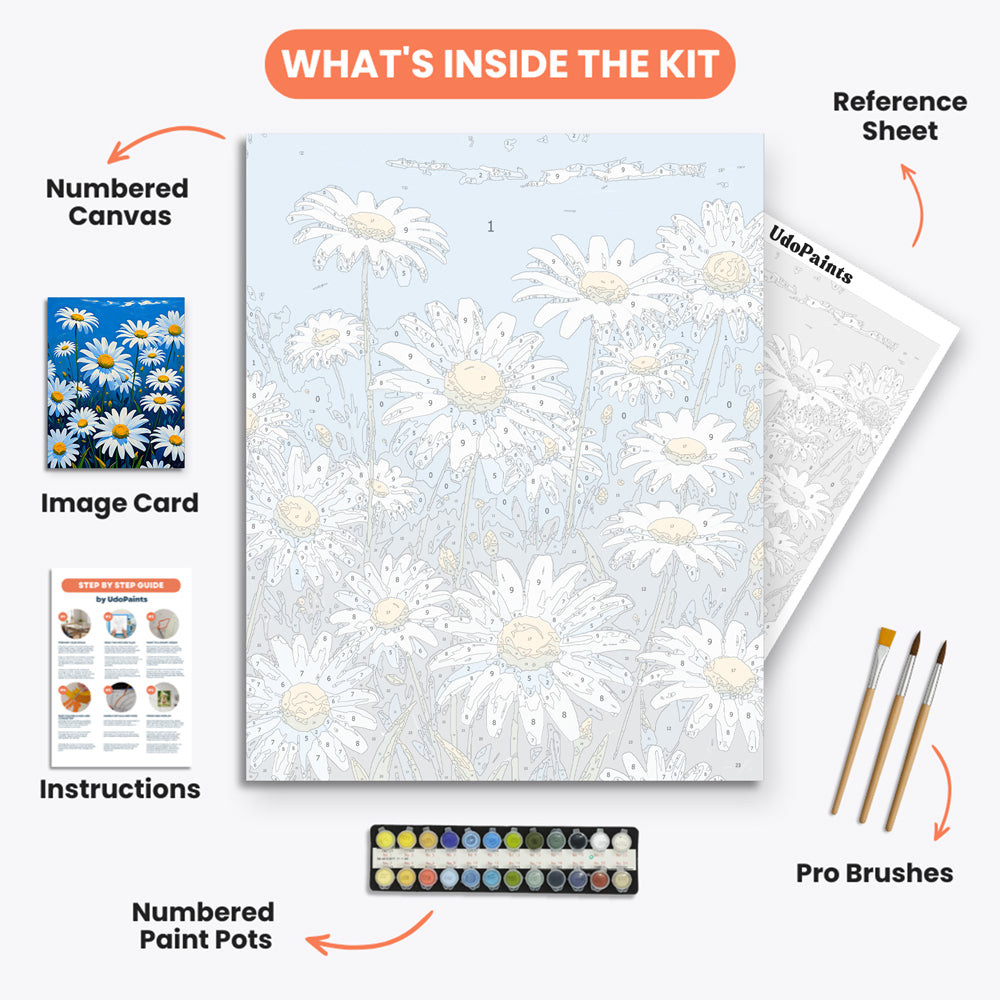 Daisy Meadow Paint by Numbers Kit – includes numbered canvas, paint pots, brushes, and instructions