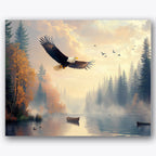 Paint by numbers design of eagle, boat, eagle in flight, misty morning light